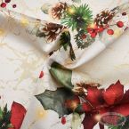 Tkanina świąteczna obrusowa dekoracyjna złota z gwiazdą betlejemską i jemiołą