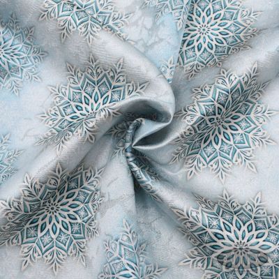 Tkanina świąteczna dekoracyjna obrusowa srebrna śnieżynki