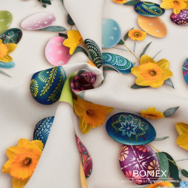 Tkanina obrusowa plamoodporna żonkile z pisankami